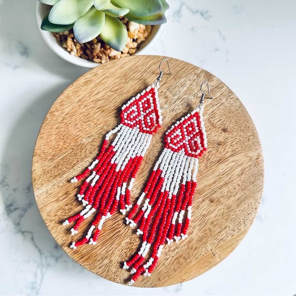 2/$30🌵 Scandinavian Nordic Seed Bead Tassel Earrings Bohemian Fair Isle Boho
